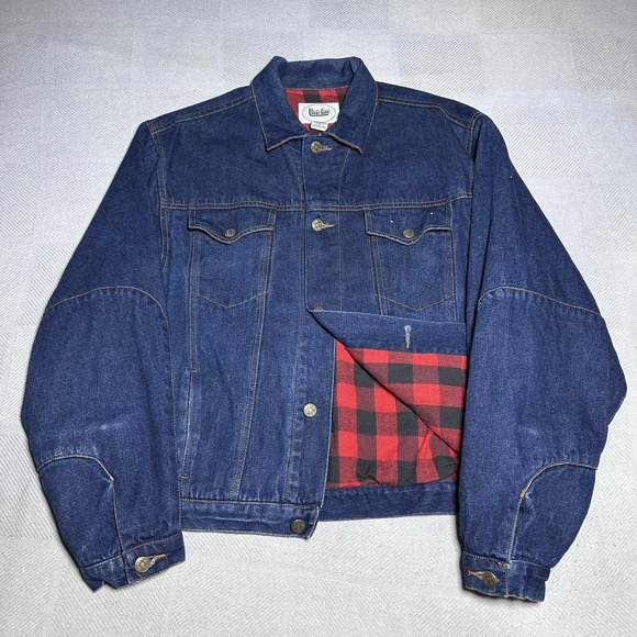 Vintage 80s 90s Live Ins Denim Jean Jacket Size XL Flannel Buffalo Plaid Lined - Picture 1 of 12